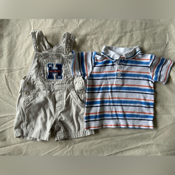 Tommy Hilfiger Kids Beige Overalls and Striped Polo Set - Picture 1 of 3